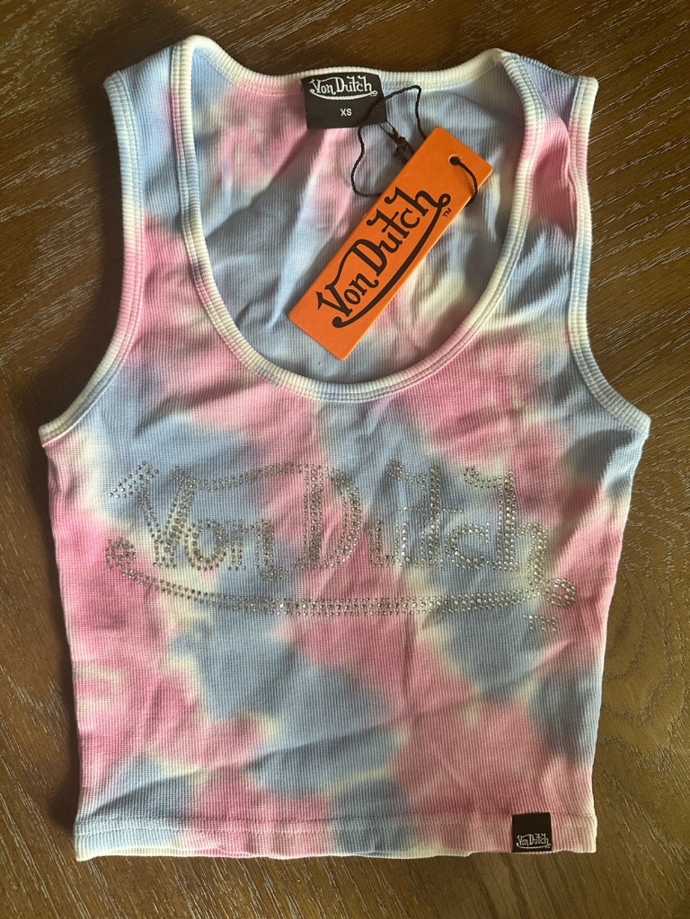 Von Dutch Pink & Blue Tie-Dye Rhinestone Logo Tank Top